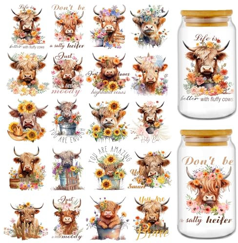 Rngmsi UV DTF Cup Wraps – 20 Blatt Highland Cow UV DTF Cup Wraps für 473 ml Sonnenblumen, UVDTF Cup-Wraps, wasserdicht, UV-DTF-Aufkleber, personalisierte UV-DTF-Wraps für Glasbecher, Holzhandwerk
