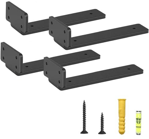 Stellastar Heavy Duty Floating Shelf Brackets 6 Pack - Industrial Metal L-Shaped Supports with Spirit Level & Hardware Kit, Scaffold Board Compatible Wall Mount Black (4-10inch)