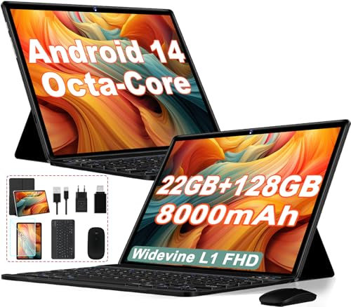 Dghrti Tablet 10 Zoll Android 14, 22GB RAM+128GB ROM (1TB TF), Octa-Core CPU, 8000mAh, Widevine L1, Dual WiFi, BT 5.0, Face ID, 5MP+8MP, mit Metallgehäuse, Tastatur und Maus-Schwarz