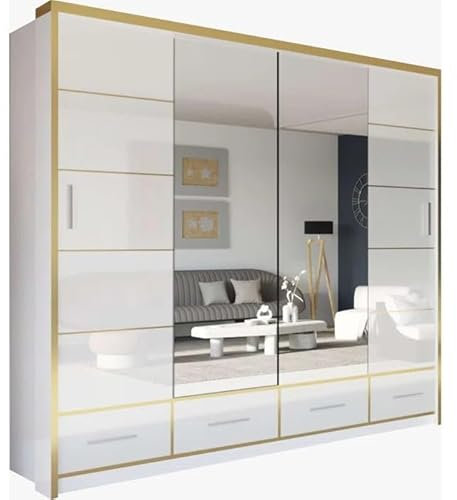 SLIDING WARDROBE 4U Manali Modern High Gloss Sliding Mirror Door Wardrobe with Drawers and Golden Strip (White Gold, 203cm)