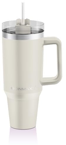 IronMaxx Cup mit Griff - Cream 1,2L | mit inkludiertem Strohhalm | Schlankes modernes Design aus rostfreiem Edelstahl | doppelwandige Isolierung | hält Warm und Kalt