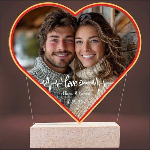 INDIGOS UG - LED Lampe personalisiert - Love Pulse - mit Foto & Wunschtext - individuell selbst gestalten - Geschenk - Valentinstag - Acrylglas 14x14 cm - optionale Lampe warmweiss