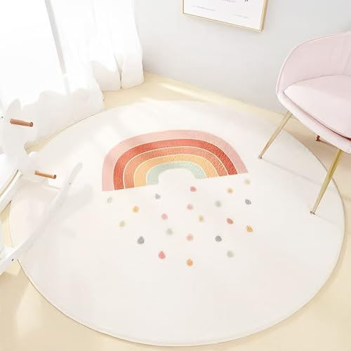 AIMECO Weicher Kuscheliger Kinderteppich Weicher Rund Carpet Wohnzimmer Teppichen Mädchen Schlafzimmer Kinderzimmer Waschbarer Pflegeleicht Teppiche Motiv Rund 80cm Regenbogen-Regen