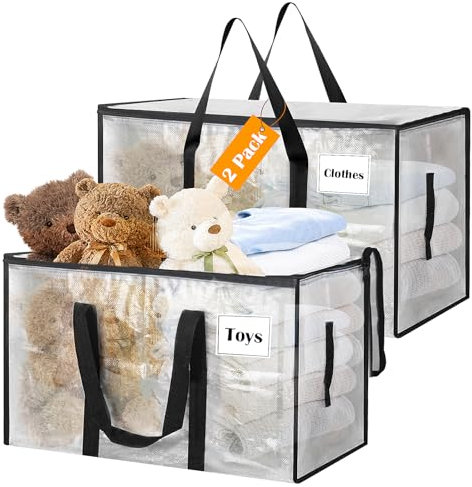 Withosent 100L Grand Sac de Rangement, Lot de 2 Imperméable Sacs de Déménagement avec Fermeture éclair et Poignée, Boite Vetement Couettes, Alternative aux Cartons Déménagement, Transparent
