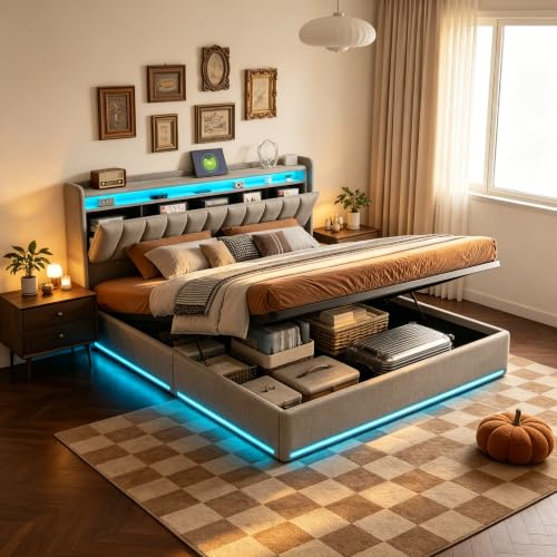 PerGar Polsterbett Doppelbett 160x200 mit Hydraulischem Stauraum, Bett mit LED und USB Ladestation, Stauraumbett mit Bettkasten und Lattenrost, Jugendbett Funktionsbett, Samt, Ohne Matratze, Grau