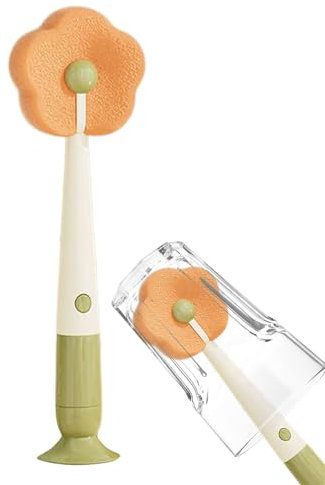 Cup Lid Cleaning Brush, Tumbler Cleaner Brush, 10.24x2.95x1.77 inch Flower-Shaped Sponge Scrubber with Suction Grip, Tool Washer for Wine Glass Sink Coffee Mug Travel, Deep Washing