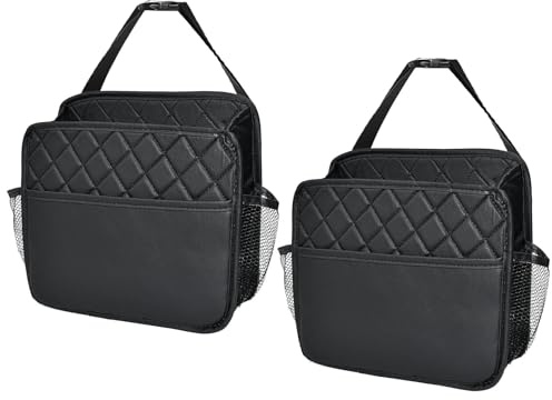 Byfoyif Autositz Organizer, Ledermaterial Auto Rücksitz Organizer 25.4*25.3*8 cm Auto Mülleimer Hängend mit Verstellbarem Schnallenriemen Wasserdichter Autositz-Rücken-Hängetasche für Auto Schwarz