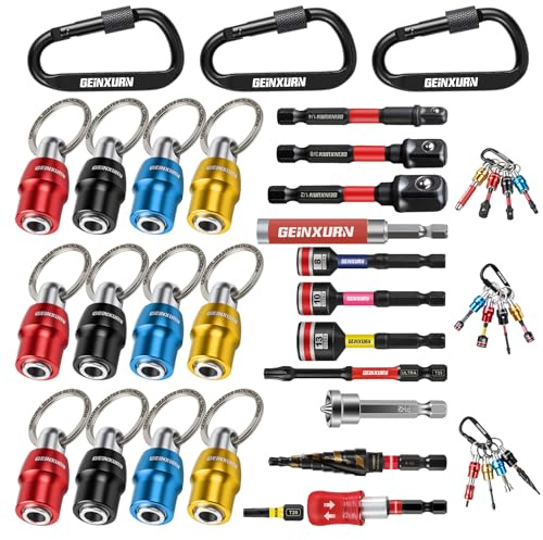 Geinxurn 25Pcs Magnetic Drill Bit Holder Keychain Set, 1/4 Hex Shank Quick-Change Bit Extension Aluminum Alloy Screwdriver Bit Holder, Incl. Step Drill, Screwdriver Bits, Sockets Adapter, Nut Driver