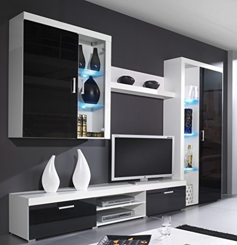 Furniture24 Wohnwand Samba - B Anbauwand Lowboard Hängevitrine Schrank Hängeregal Mediawand (Weiß/Schwarz Hochglanz)