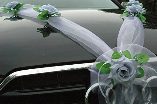 Organza M Auto Schmuck Braut Paar Rose Deko Dekoration Autoschmuck Hochzeit Car Auto Wedding Deko Girlande PKW (Silber/Weiß)