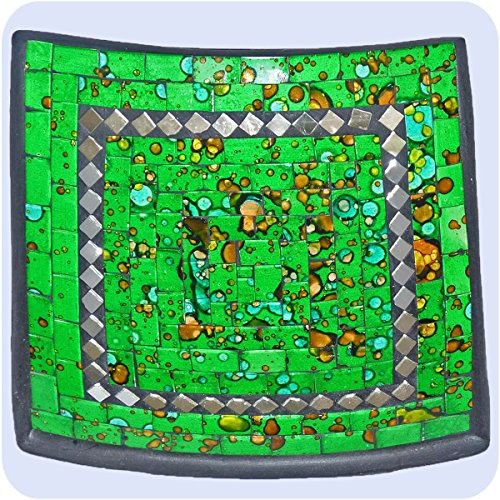 Simandra Mosaic Glass Bowl, Dish, plate hand made in Bali Crafts Home Decorations Multicoloured – Mirror Carré- 20x6 cm, green, 20x6 cm