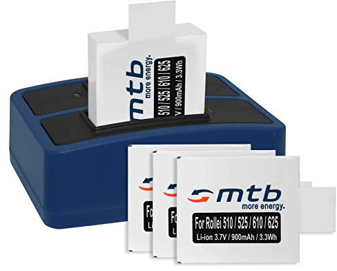 4 Akkus + Dual-Ladegerät (USB) für Rollei Actioncam AC 625, 610, 525, 510, 372 - inkl. Micro-USB-Kabel
