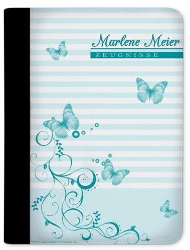 CreaDesign Customize A4 Zeugnismappe für Kinder 26,7x32,7x1 cm, Sichtbuch mit 10 Klarsichthüllen, erweiterbar auf bis zu 20 Taschen, Türkis Schmetterling design, Dokumentenmappe für Schüler