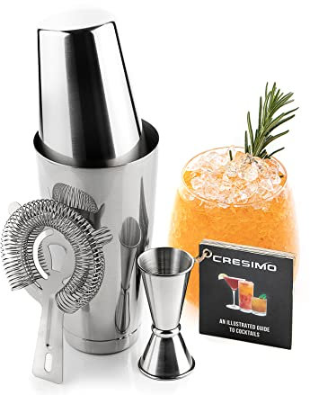 Boston Cocktail Shaker Set: 4pc Cocktail Making Set w/Cocktail Book, Stainless Steel Cocktail Set w/ 530mL Unweighted & 850mL Weighted Boston Shaker, Jigger & Cocktail Strainer for Home Bar - Cresimo