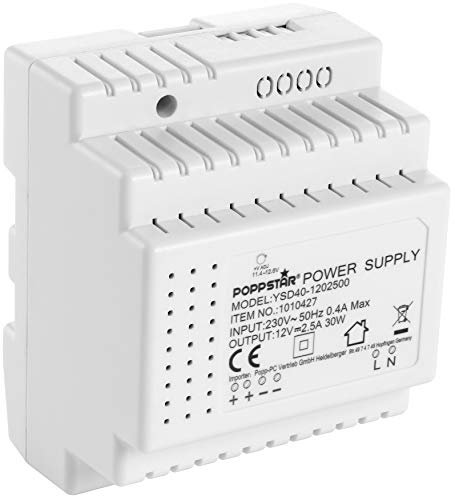 Poppstar Alimentation pour rail DIN Sortie 12 V DC 2,5 A 30 W (Entrée 100-240 V AC 50/60 Hz) Bloc d'Alimentation/transformateur pour rail DIN 78 * 92 * 61mm, blanc