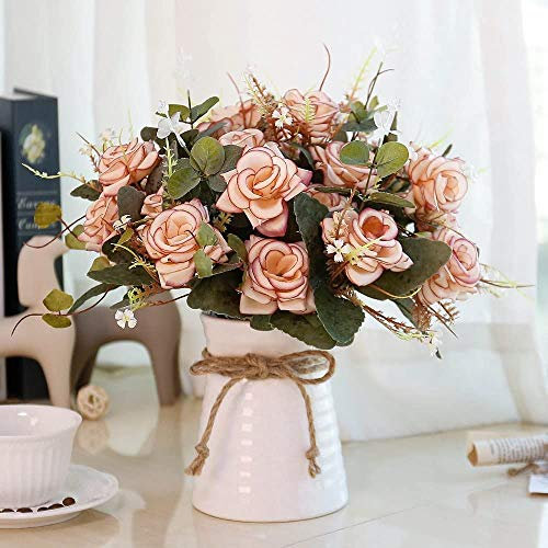 LESING Fiori artificiali in vaso di seta rosa composizioni di fiori finti mazzi di fiori con vaso in ceramica centrotavola per tavolo da pranzo Roon decorazione cucina (rosa)