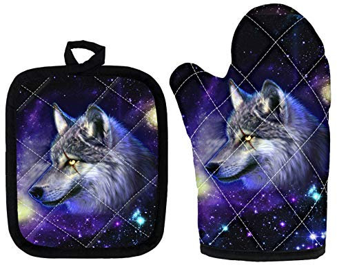 Showudesigns Ofenhandschuhe und Topflappen-Set, blauer Wolf, Galaxie, rutschfest, hitzebeständig, Mikrowellen-Handschuhe + Topflappen, Schutzmatte für Küche, Kochen, Backen, Grillen, 2 Stück