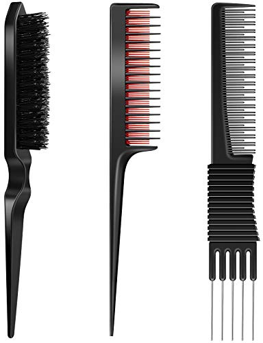 3 Pieces Pick Teasing Combs Hair Brush Set Includes Black Carbon Lift with Metal Prong, Triple Pin Rat Tail Comb, Nylon Bristle Hair Brush for Women(Black and Red)