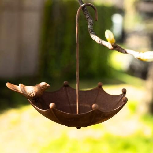 Garden Mile Hanging Bird Feeder and Bath Outdoor Wild Birds Garden Ornament Large Feeding Station Cast Iron Bird Feeder for Outside Small Bird Bath Umbrella 2 in 1