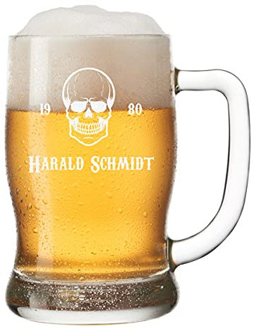 Leonardo Bierkrug mit Wunschgravur - Bierglas 0,5 Liter personalisiert mit Name und Jubiläumszahl - Geschenk für Biertrinker - Bierseidel als Geburtstagsgeschenk - Motiv Totenkopf