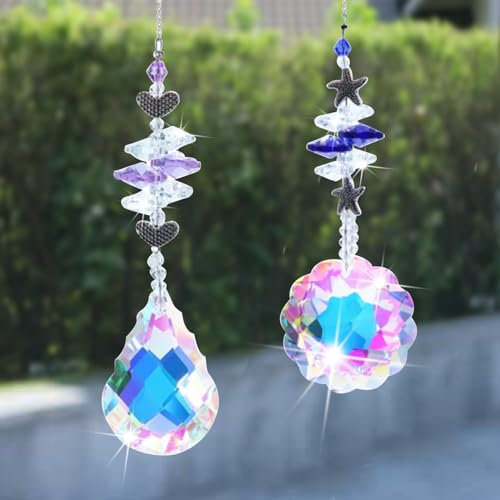 2 Stück Kristall Sonnenfänger, Kristall Regenbogen, Glas Kristallkugel, Dekoration Windspiel, Regenbogen Maker, Multi-Colorful Kristall Prism Garten Kristalle zum Aufhängen Deko