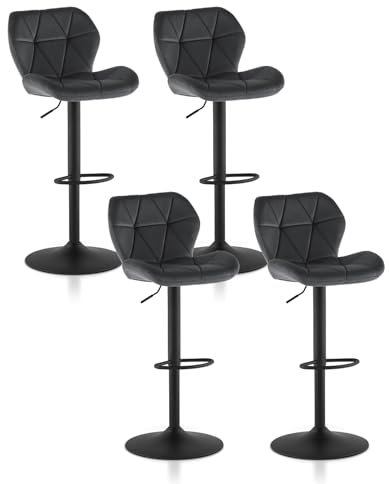 TUKAILAI Barhocker 4er Set aus Samt, Barstuhl Höhenverstellbar，Gepolsterter Drehhocker Tresenhocker, Küchenhocker mit Rückenlehne Fußstütze Metallrahmen, Hocker Drehbar für Küchen Bars, Grau