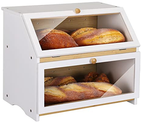 HOMEKOKO Panera grande de doble capa para encimera de cocina, contenedor de almacenamiento de pan de gran capacidad de madera (blanco)
