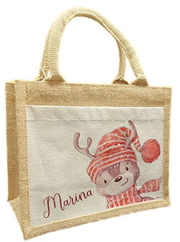 CreaDesign, Nikolaustasche mit Namen personalisiert, Nikolaustüte aus Jute, Rentier XXL 26 x 22 x 14 cm