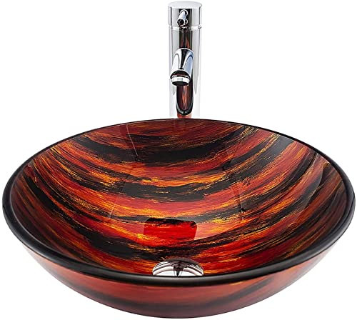 PLEXHD Waschbecken Gehärtetes Glas Aufsatzwaschbecken Waschtisch Runde Kunst Aufsatz-Waschschale Handwaschbecken mit Wasserhahn, Abtropfkombination, Dicke 12cm, Schwarz und Rot