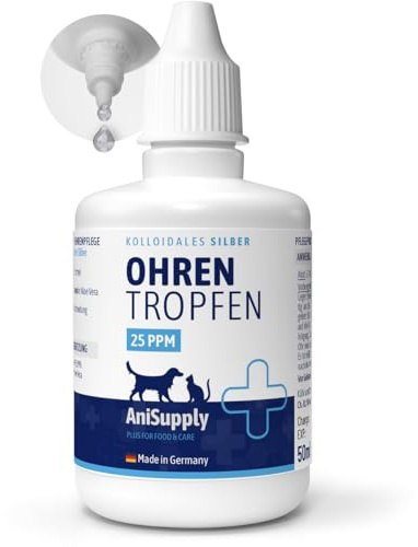 AniSupply Ohrentropfen 50ml mit kolloidalem Silber I Für Hunde und Katzen I SEHR GUT bei Juckreiz, Ohrentzündungen, Pilze, Bakterien und Keime I Ohrenpflege, Ohrenhygiene, Gesunde Ohren