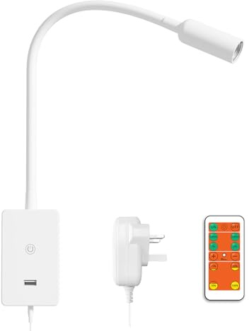 ENUOTEK LED Wall Reading Light for Bedroom Nightstand, White | Remote Control, Flexible Wall Mount Bedside Spot Lamp, 5V2A USB Output Port, 4 Brightness Levels, Neutral White Lighting