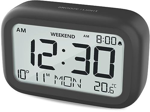 DOOMAY Digital Alarm Clock Bedside - Battery Powered Clock with LCD Display Volume Adjustable Snooze and Weekend Mode for Bedroom Office Desk Travel (Black)