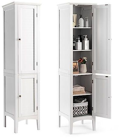 LIFEZEAL Badezimmerschrank mit 2 Türen, Hochschrank 37x37x160 cm, Bad Schrank mit 5 Ebenen, Hochschrank Aktenschrank aus Holz & MDF, Schrank Mehrzweckschrank für kleine Wohnung & Apartment (Weiß)
