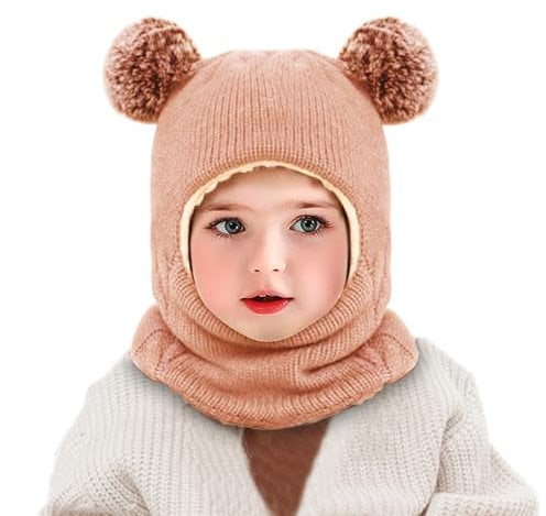UQTUKO Kinder Wintermütze, Baby Wintermütze Mädchen Jungen Strickmütze mit Bommel Samtfutter Schlupfmütze Baby Beanie Hüte Balaclava Thermische Kapuzenschal für Babys Kinder, Braun