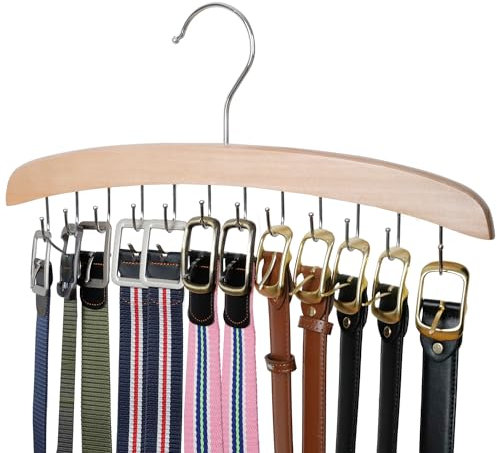 ManGotree Belt Hanger for Closet, Wooden Belt Holder with 12 Swivel Hooks, Space Saving Belt Rack, Wood Belt Storage Organizer for Belts, Ties, Scarves, Hats, Accessories, 2 Pack (Natural)