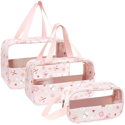 LEcylankEr Trousse de Toilette Transparente 3 Pièces, Trousse de Toilette PVC Étanche pour Femme, Trousse de Maquillage Légère pour Voyage Set (Imprimé Rose)
