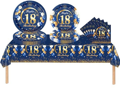53Pcs Navy Blue 18th Happy Birthday Party Tableware Decorations for Him Plastic Table Cloth,7,9inch Paper Plates,Napkins for Men Birthday Table Party Tableware Set for Men Adults Birthday Party