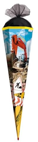 ROTH Schultüte groß Achtung Bagger 85 cm - 6-eckig, Rot(h)-Spitze, Tüllverschluss - Zuckertüte, Folieneffekt