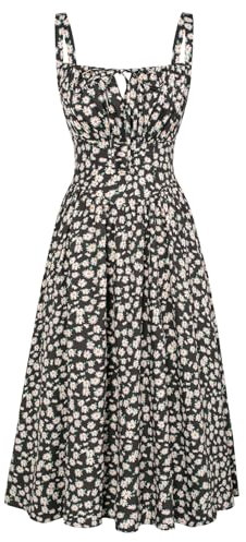 SCARLET DARKNESS Women Strappy Floral Beach Dress Square Neck Smocked Midi Dress Spaghetti Dresses for Summer Black Floral M