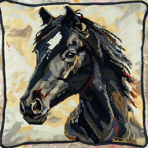 MAFANG 11CT Kreuzstich Kissen Set Pferd Tier Anfänger Stickset Halbfertiges Stichset Für Wohnzimmer Nähzubehör Geschenk A 45x45cm