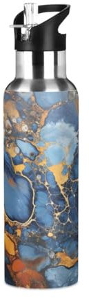Linnyio Blue Marble Pattern Water Bottle Insulated Thermos Sport Vacuum Cup Stainless Steel Jug for Coffee Tea