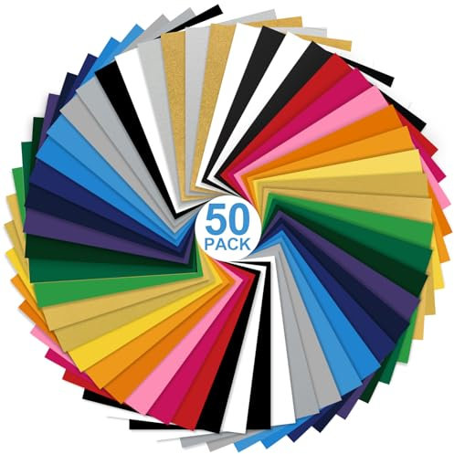 Meff-Mluk Heat Transfer Vinyl 50 Pack, 12 x 10 HTV Vinyl for Circut Easy to Cut & Weed for T-Shirts Hats Leathers DIY, 22 Glossy Colours Iron on Vinyl via Heat Press Machine & Craft Cutter Machine