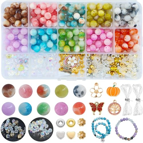 BLAESIFF Natürliche Edelsteine Perlen,12 Farben 8 mm Runde Steinperlen für Armbänder Schmuckherstellungs Set mit Diamant Perlen zum Auffädeln für Halsketten, Ohrringe