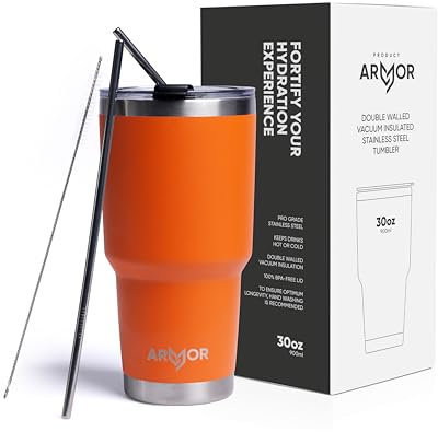 Product Armor - 900 ml Premium Stainless Steel Tumbler and Straws - Vacuum Insulated, iced Coffee Tumbler, Gym Bottle, Water Bottle Stainless Steel, Insulated Water Bottle (Lava Orange)