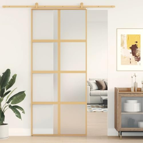 Homgoday Sliding Door Gold 90x205 cm Frosted ESG Glass and Aluminium, Sliding Barn Door, Sliding Door Home Indoor Building Material Type3