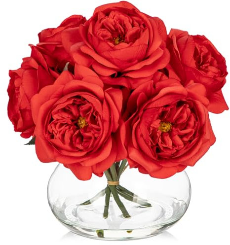 Oairse Artificial Rose Flowers in Vase Real Touch Fake Rose Flower with Glass Vase with Faux Water Silk Red Faux Flower Arrangement for Home Office Bathroom Wedding Table Centerpiece Decoration