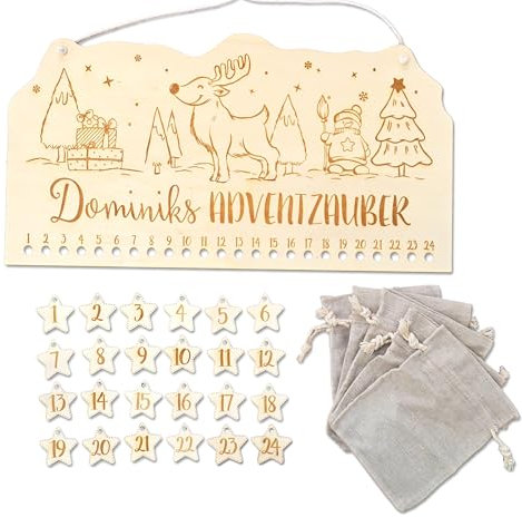 FEENSTAUB Personalisierter Adventskalender, wiederverwendbarer Holzadventskalender, Kalender Brett graviert mit Namen, Holzleiste Adventskalender zum Aufhängen, DIY Adventkalender Rentier