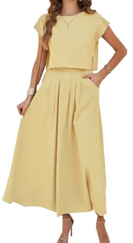 Women's Spring/Summer Round Neck Temperament Casual Commuter Solid Colour Short Sleeve Vest Top + Half-Body Skirt Light Yellow