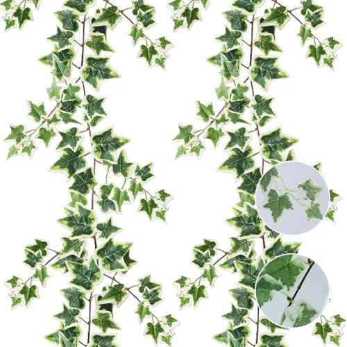EnixwH 2 Piezas Hiedra Artificial, 1,8 M Enredaderas Artificiales Decorativas Planta Artificial Colgante Decorativas De Hojas De Hiedra Falsa para Interiores Y Exteriores (Blanco Verde)