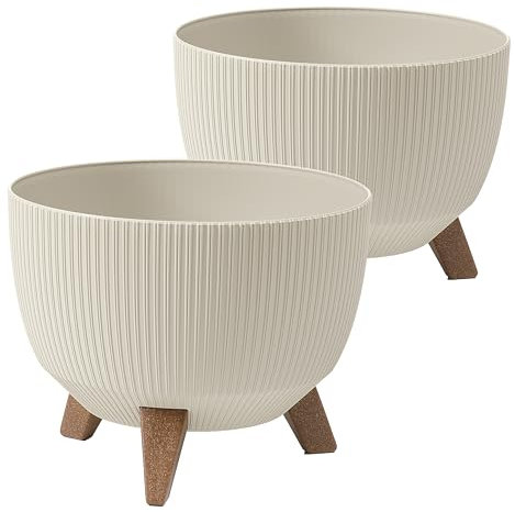 Tymar Macetero con patas, macetas para exteriores, maceta grande, macetero, macetero, macetero, macetero redondo (2 unidades), color beis, diámetro de 24 cm